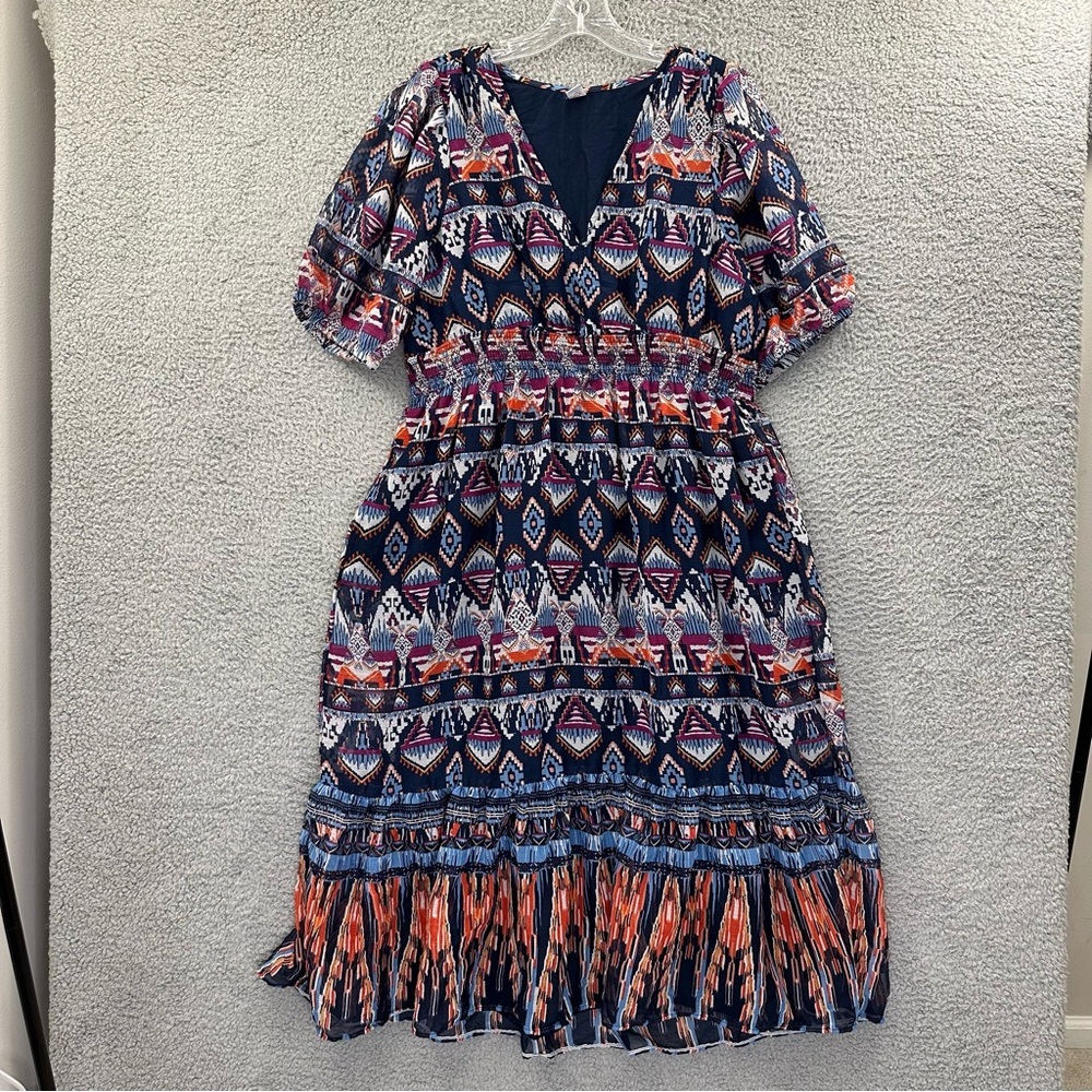 Old Navy Chiffon Short Sleeve V Neck Empire Waist Aztec Midi Dress Boho‎ Women L